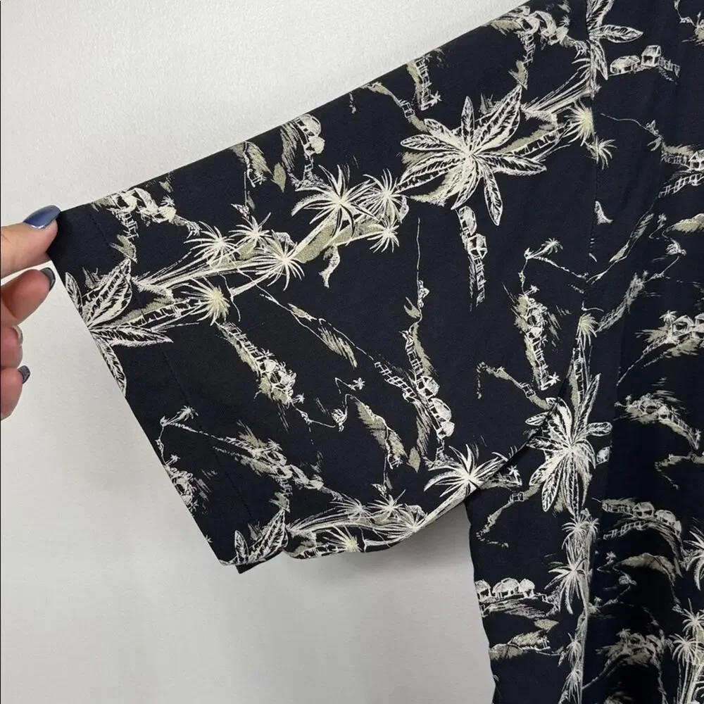 Caribbean Silk Blend Men's XL Black White Hawaiian Palm Tree Camp Shirt